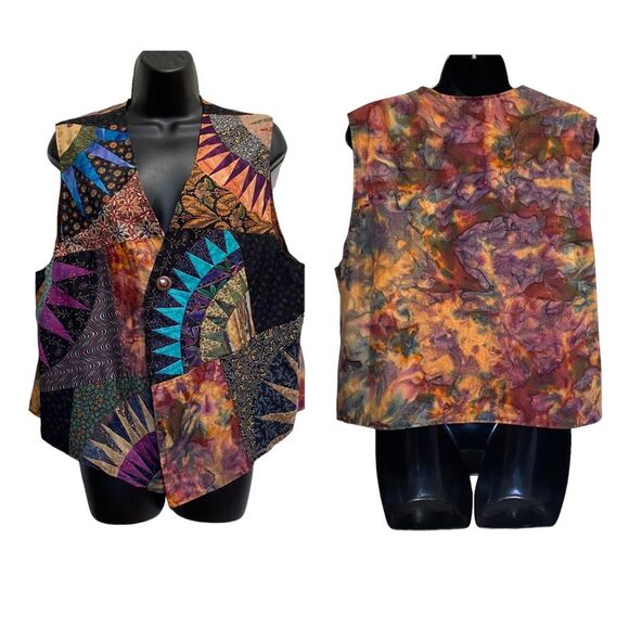 Hand Crafted Patchwork Tie-Dye Floral Print Bohemian One Button Vest Sz L/XL - Picture 1 of 16